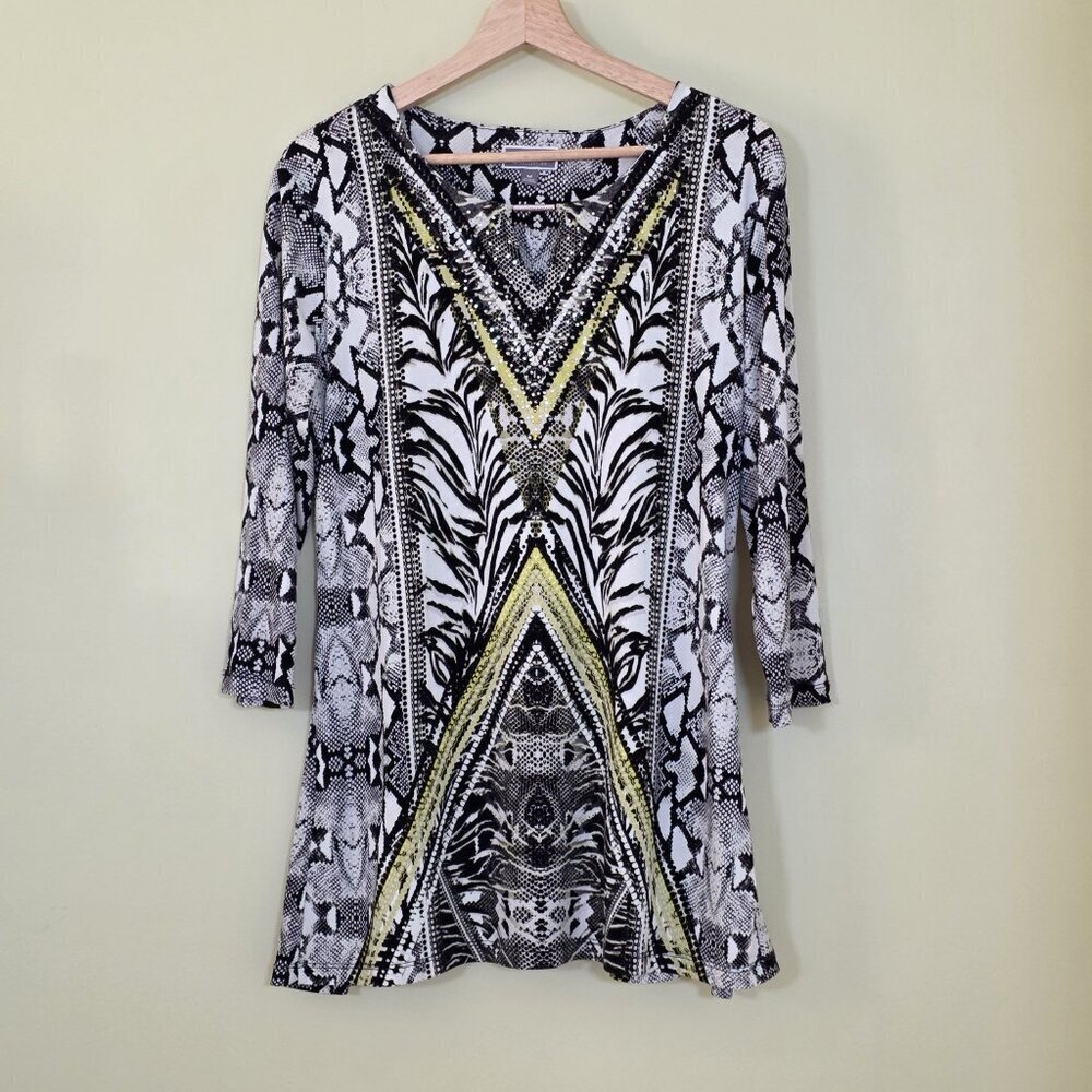 JM Collection Tunic Top Women M Multicolor 3/4 Sleeve V Neck Geo Snake Print 90s